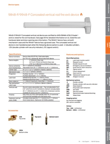 Von Duprin 9848EO-F / 9948EO-F Concealed Vertical Fire Rated, For